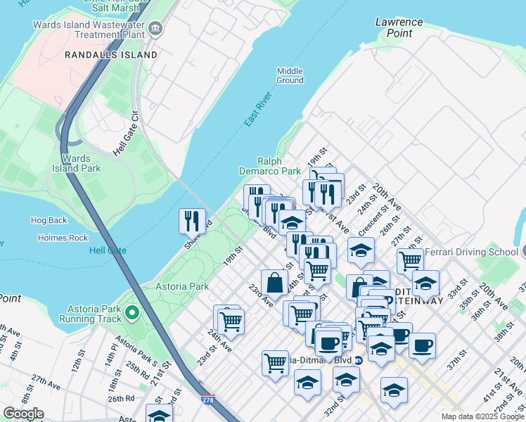 map of restaurants, bars, coffee shops, grocery stores, and more near 18-37 Ditmars Boulevard in Queens