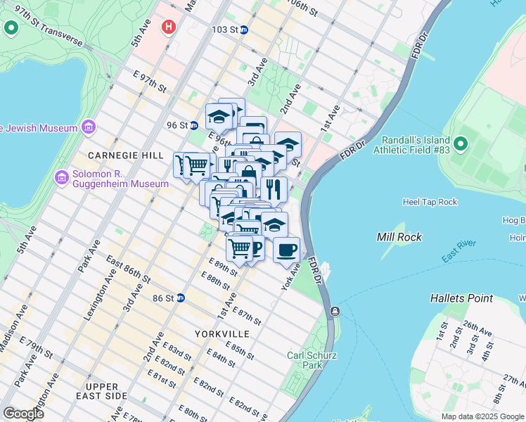 map of restaurants, bars, coffee shops, grocery stores, and more near 327 East 93rd Street in New York