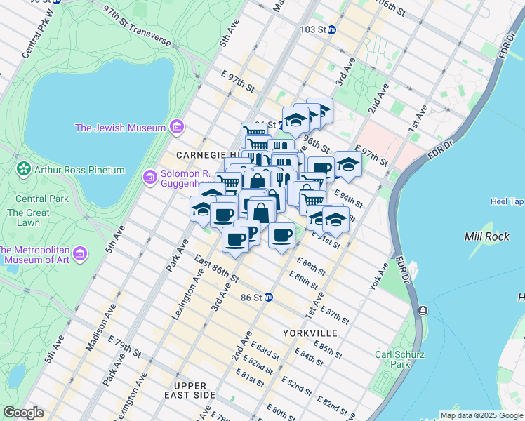 map of restaurants, bars, coffee shops, grocery stores, and more near in New York
