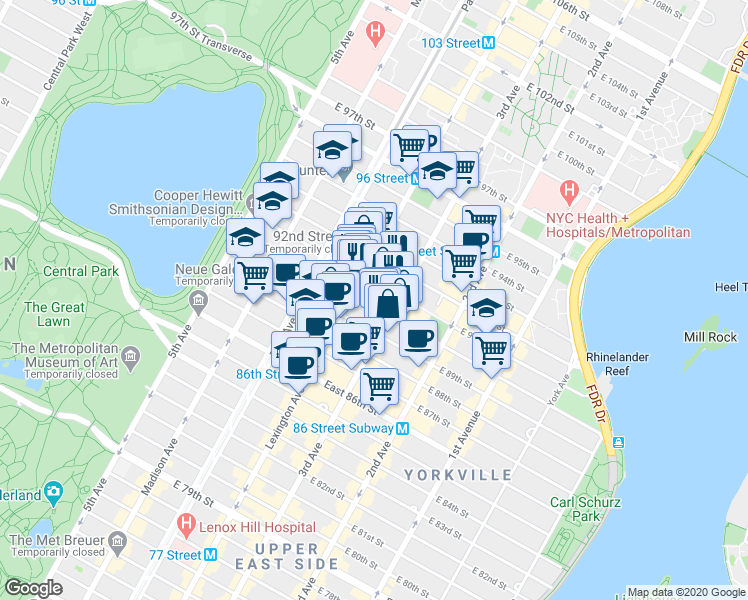 map of restaurants, bars, coffee shops, grocery stores, and more near 161 East 90th Street in New York