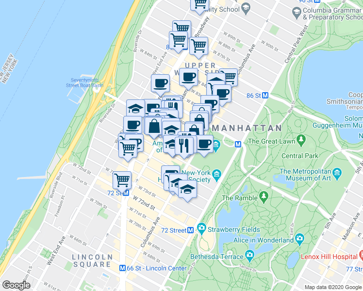 map of restaurants, bars, coffee shops, grocery stores, and more near 129 West 78th Street in New York