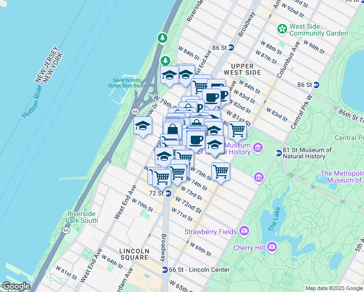 map of restaurants, bars, coffee shops, grocery stores, and more near 342 Amsterdam Avenue in New York