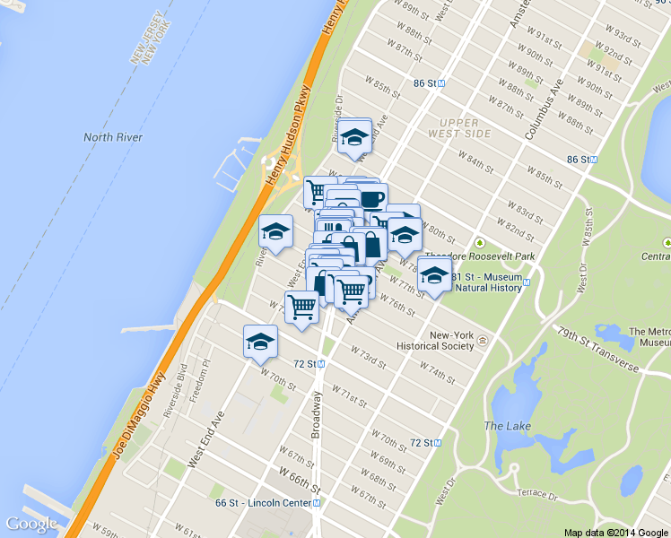 map of restaurants, bars, coffee shops, grocery stores, and more near 235 West 76th Street in New York