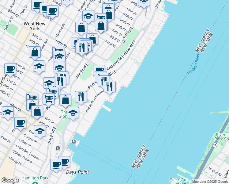 map of restaurants, bars, coffee shops, grocery stores, and more near 20 Avenue at Port Imperial in West New York