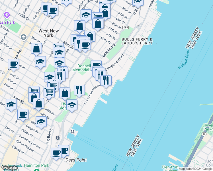 map of restaurants, bars, coffee shops, grocery stores, and more near 20 Avenue at Port Imperial in West New York