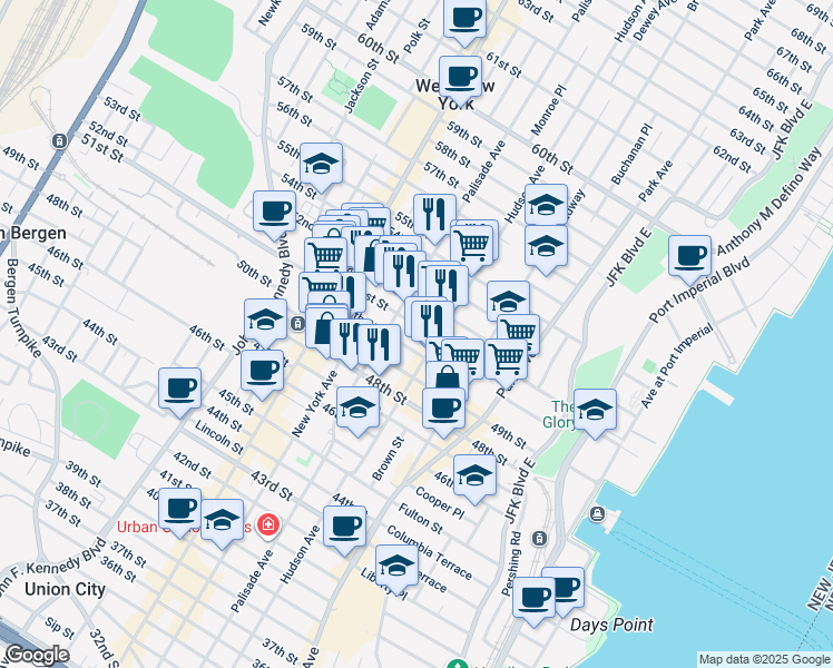 map of restaurants, bars, coffee shops, grocery stores, and more near 318 51st Street in West New York