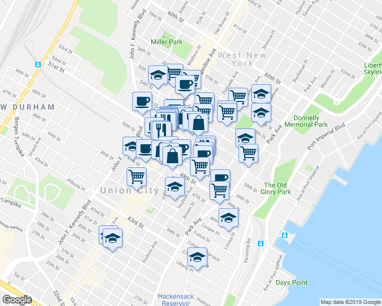 map of restaurants, bars, coffee shops, grocery stores, and more near 402 50th Street in West New York