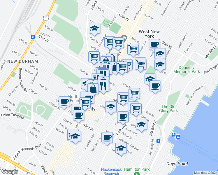 map of restaurants, bars, coffee shops, grocery stores, and more near 328 49th Street in Union City