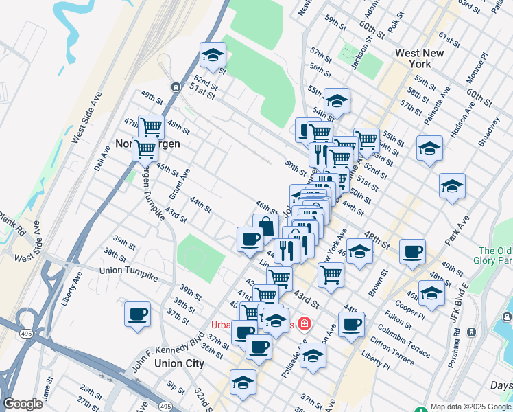 map of restaurants, bars, coffee shops, grocery stores, and more near 1201 46th Street in North Bergen