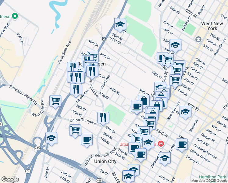 map of restaurants, bars, coffee shops, grocery stores, and more near 1410 44th Street in North Bergen