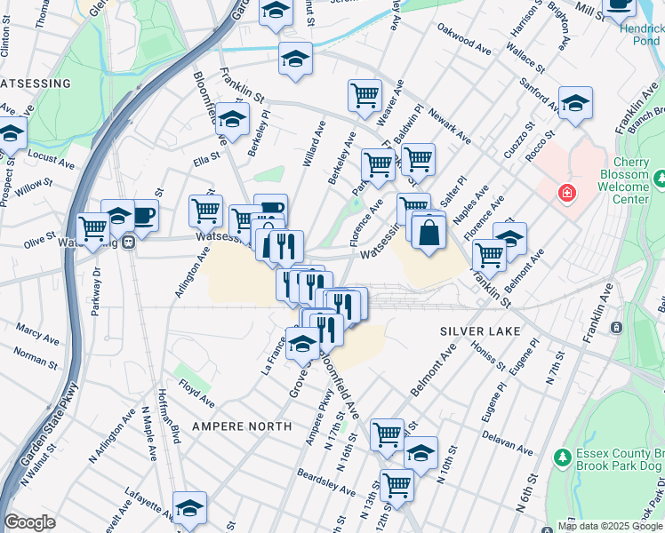 map of restaurants, bars, coffee shops, grocery stores, and more near 209 Watsessing Avenue in Bloomfield