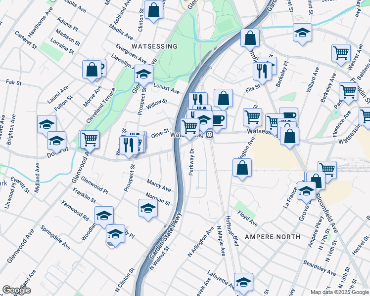 map of restaurants, bars, coffee shops, grocery stores, and more near 17 Dodd Street in Bloomfield