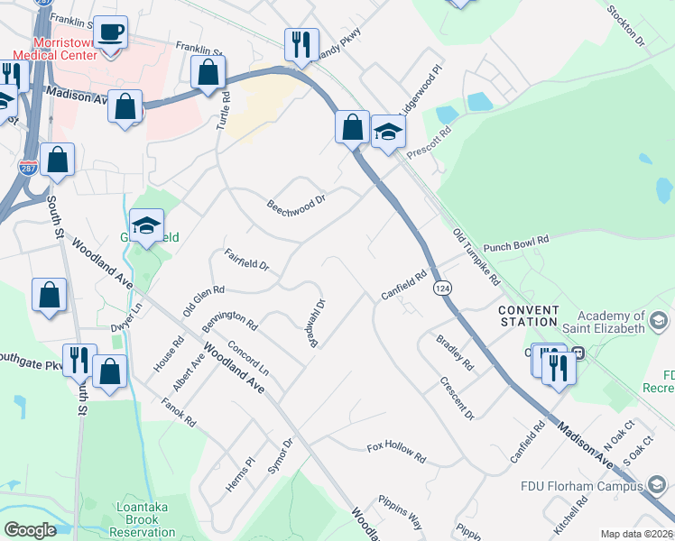 map of restaurants, bars, coffee shops, grocery stores, and more near 15 Easley Terrace in Morristown