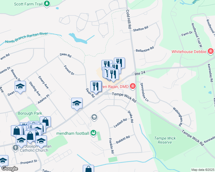 map of restaurants, bars, coffee shops, grocery stores, and more near 82 East Main Street in Mendham