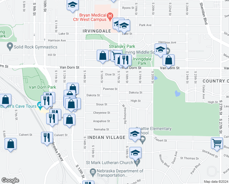 map of restaurants, bars, coffee shops, grocery stores, and more near 1671 Pawnee Street in Lincoln