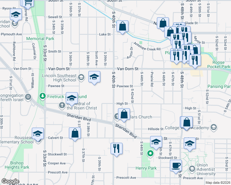 map of restaurants, bars, coffee shops, grocery stores, and more near 3030 South 40th Street in Lincoln