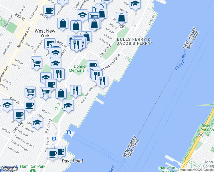 map of restaurants, bars, coffee shops, grocery stores, and more near 20 Avenue at Port Imperial in West New York