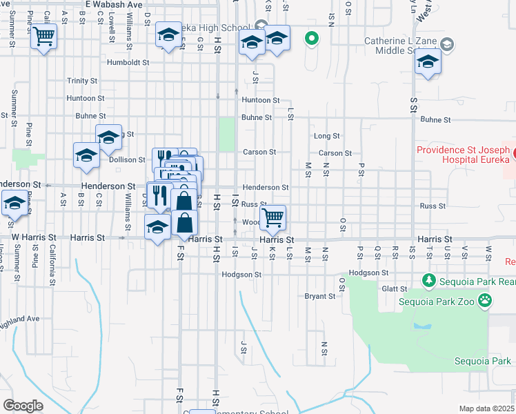 map of restaurants, bars, coffee shops, grocery stores, and more near 2903 J Street in Eureka