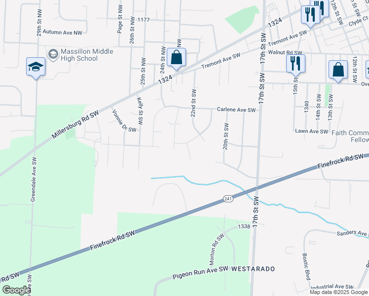 map of restaurants, bars, coffee shops, grocery stores, and more near 2245 Margilee Drive Southwest in Massillon