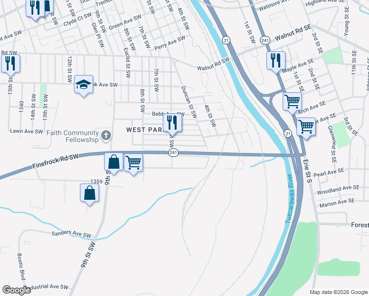map of restaurants, bars, coffee shops, grocery stores, and more near 551 Griffith Avenue Southwest in Massillon