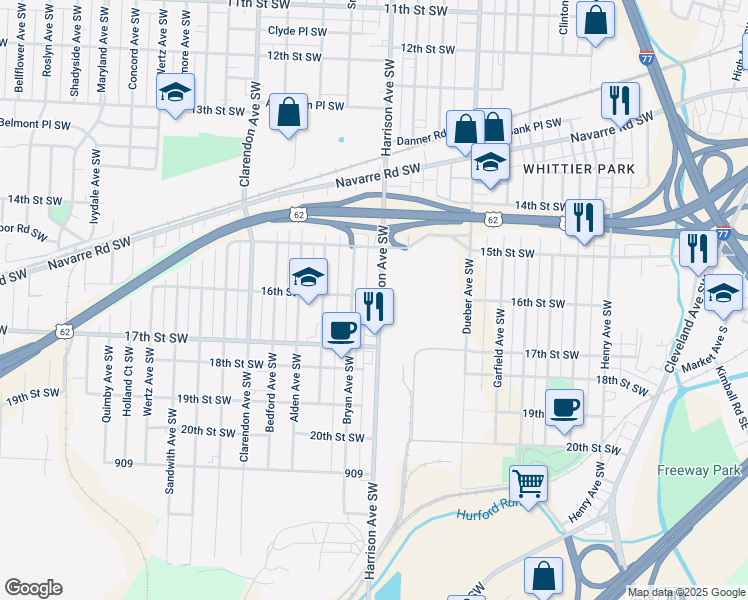 map of restaurants, bars, coffee shops, grocery stores, and more near 1601 Harrison Avenue Southwest in Canton