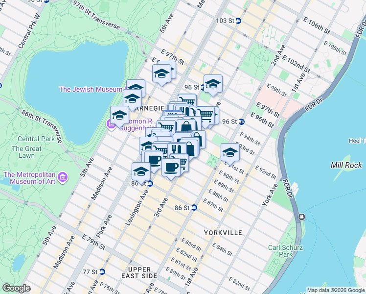 map of restaurants, bars, coffee shops, grocery stores, and more near 167 East 90th Street in New York