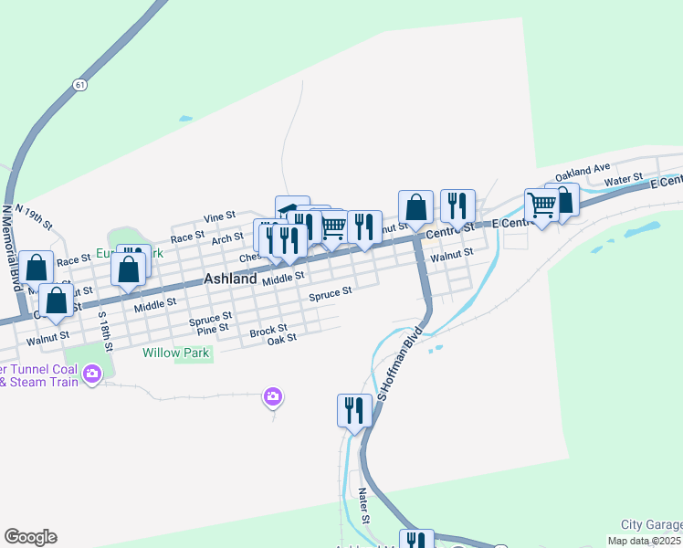 map of restaurants, bars, coffee shops, grocery stores, and more near 623 Walnut Street in Ashland