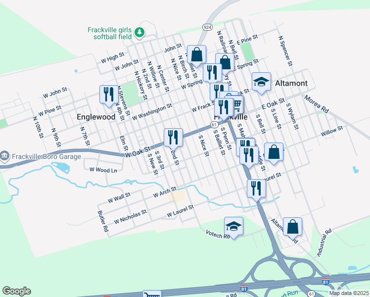 map of restaurants, bars, coffee shops, grocery stores, and more near 128 South Center Street in Frackville