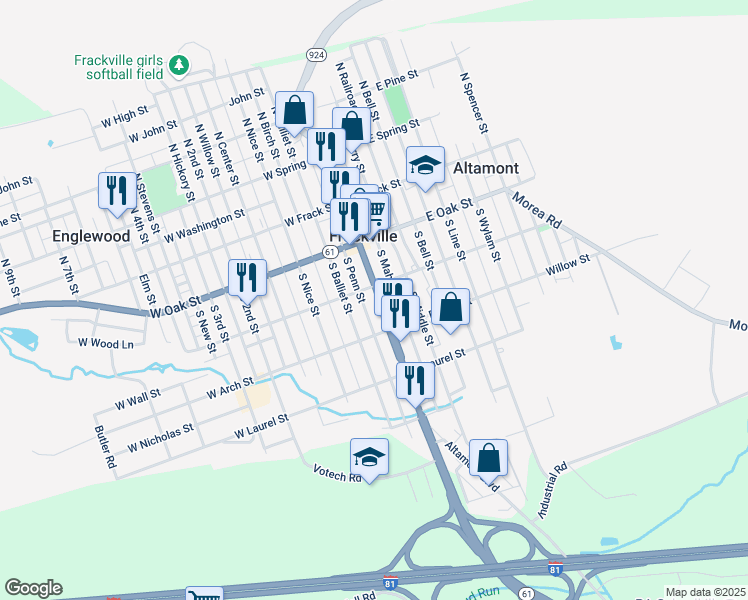 map of restaurants, bars, coffee shops, grocery stores, and more near 216 South Lehigh Avenue in Frackville