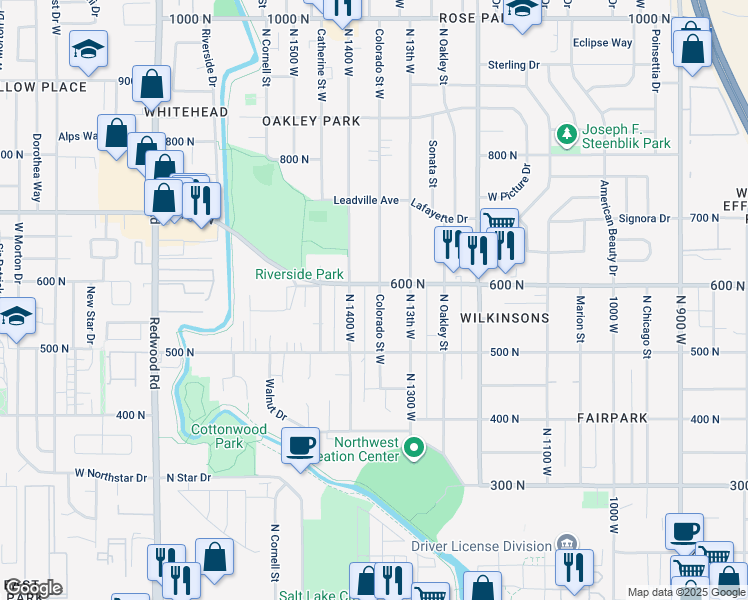 map of restaurants, bars, coffee shops, grocery stores, and more near 563 Colorado Street West in Salt Lake City