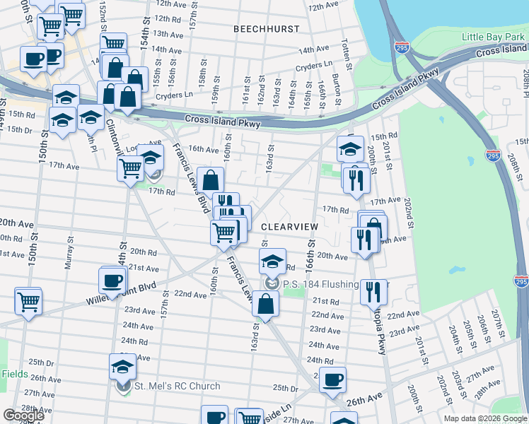 map of restaurants, bars, coffee shops, grocery stores, and more near 163-18 Willets Point Boulevard in Queens