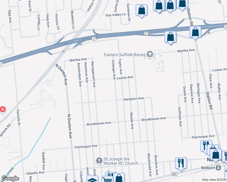 map of restaurants, bars, coffee shops, grocery stores, and more near 832 Scherger Avenue in East Patchogue