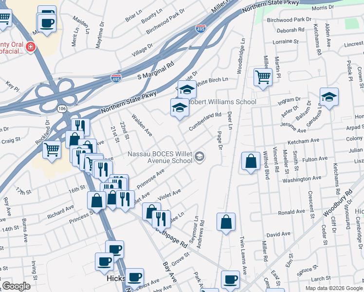 map of restaurants, bars, coffee shops, grocery stores, and more near 14 Westmoreland Road in Hicksville