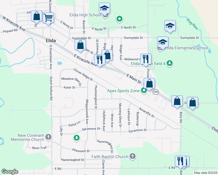 map of restaurants, bars, coffee shops, grocery stores, and more near 5648 Clover Ridge Drive in Elida