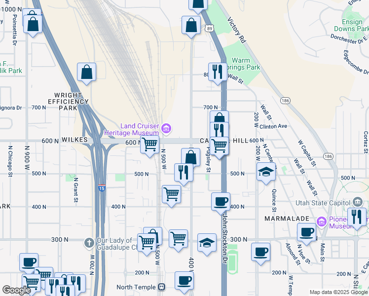 map of restaurants, bars, coffee shops, grocery stores, and more near 585 North 400 West in Salt Lake City
