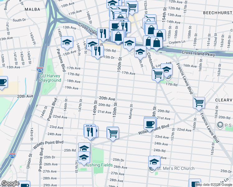 map of restaurants, bars, coffee shops, grocery stores, and more near 150-11 19th Avenue in Queens