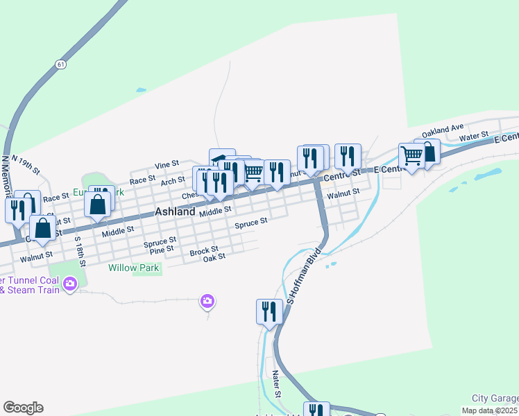 map of restaurants, bars, coffee shops, grocery stores, and more near 623 Walnut Street in Ashland