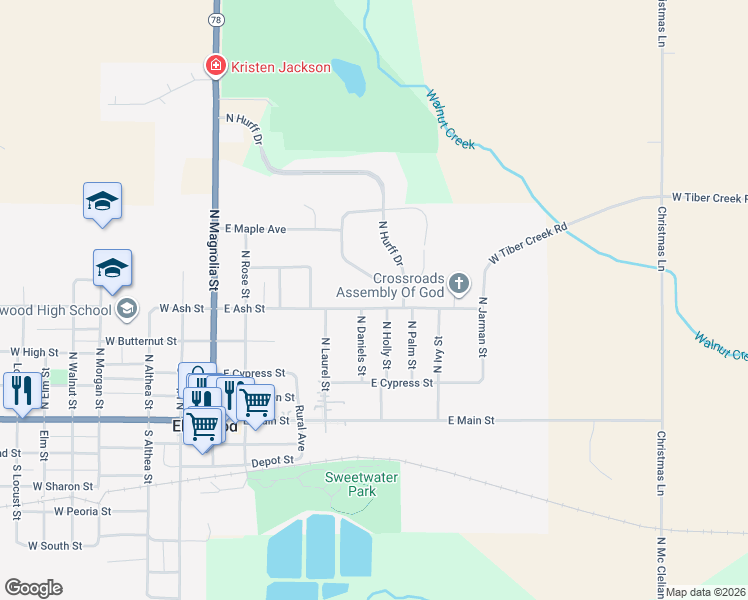 map of restaurants, bars, coffee shops, grocery stores, and more near 503 East Ash Street in Elmwood