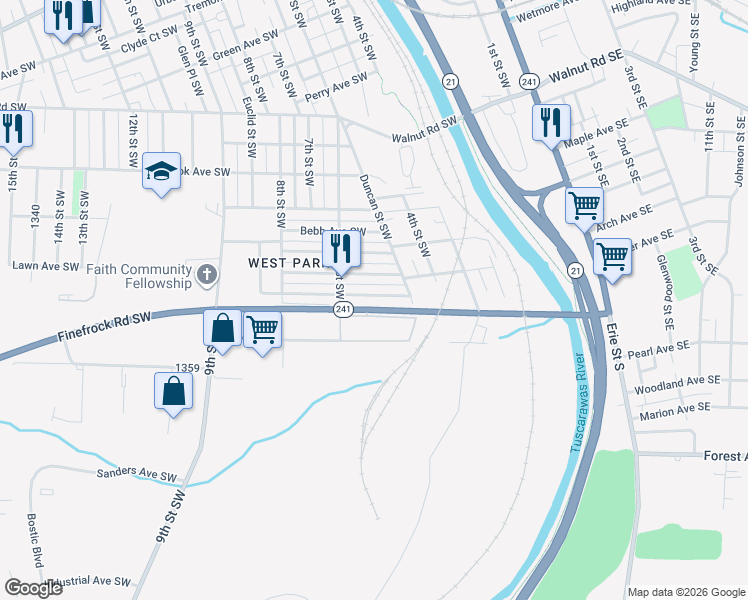 map of restaurants, bars, coffee shops, grocery stores, and more near 551 Griffith Avenue Southwest in Massillon