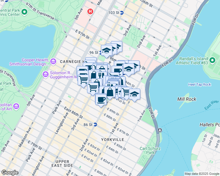 map of restaurants, bars, coffee shops, grocery stores, and more near 270 East 92nd Street in New York