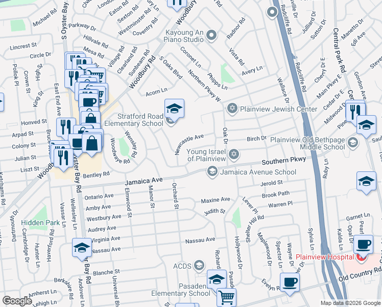 map of restaurants, bars, coffee shops, grocery stores, and more near 17 Roxbury Avenue in Plainview