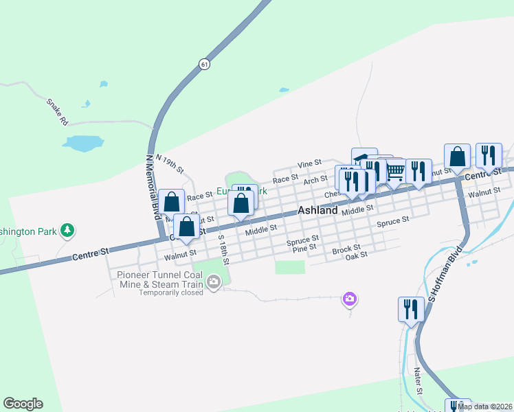 map of restaurants, bars, coffee shops, grocery stores, and more near 1609 Centre Street in Ashland