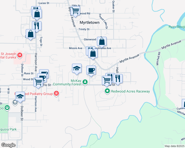 map of restaurants, bars, coffee shops, grocery stores, and more near 2827 Hubbard Lane in Eureka