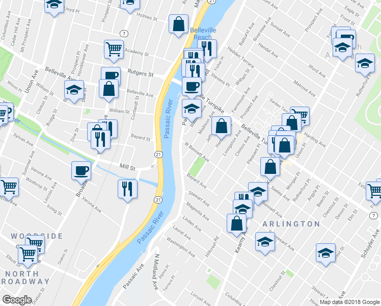 map of restaurants, bars, coffee shops, grocery stores, and more near 48 Madison Ave in Kearny