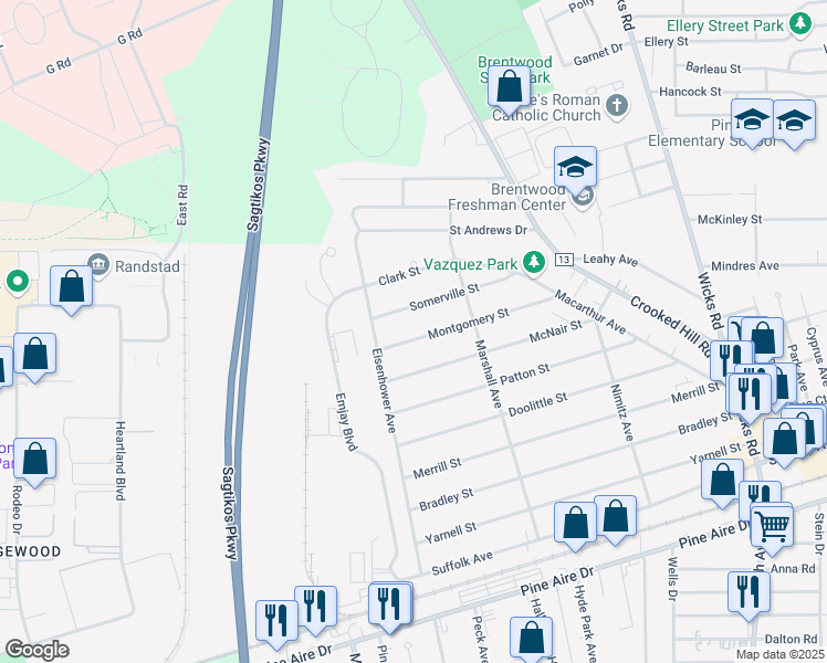 map of restaurants, bars, coffee shops, grocery stores, and more near 11 Montgomery Street in Brentwood
