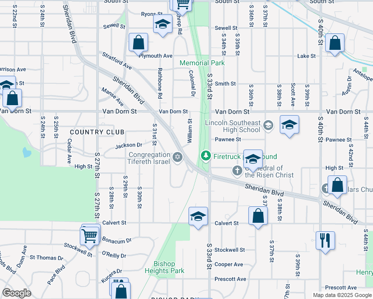 map of restaurants, bars, coffee shops, grocery stores, and more near 3200 Sheridan Boulevard in Lincoln