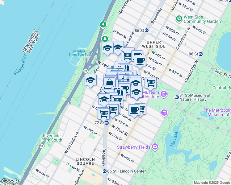 map of restaurants, bars, coffee shops, grocery stores, and more near 2166 Broadway in New York