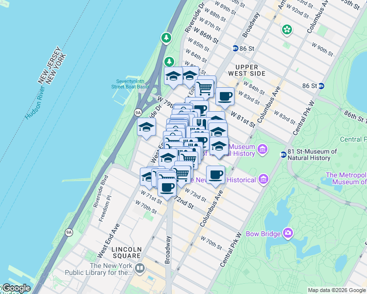 map of restaurants, bars, coffee shops, grocery stores, and more near in New York