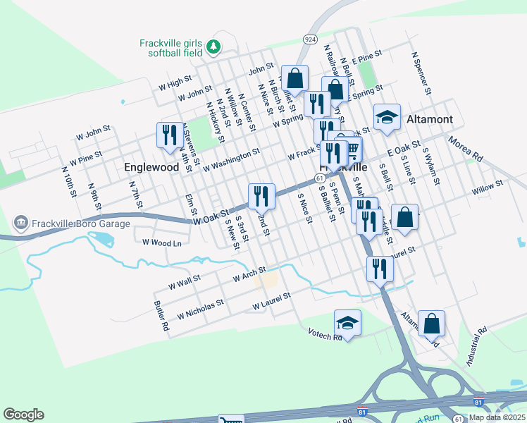 map of restaurants, bars, coffee shops, grocery stores, and more near 135 South 2nd Street in Frackville