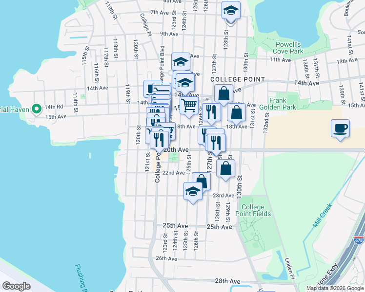 map of restaurants, bars, coffee shops, grocery stores, and more near 18-40 125th Street in Queens